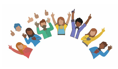 Cartoon men and women expressing happiness with positive gestures and emotions vector set