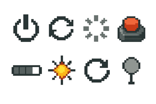 System Reboot Icons. System Reboot pixel style set: power symbol, restart arrows, loading ring, reset button, boot-up bar, system spark, refresh icon, initial node.