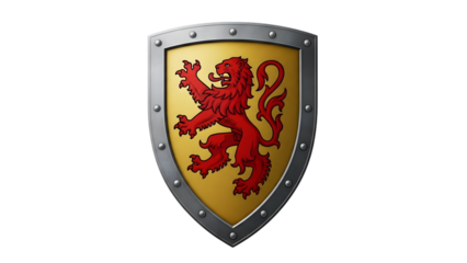 Golden shield with red lion and metal border isolated on a transparent background heraldry