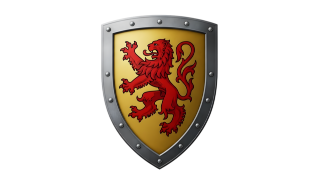 Golden shield with red lion and metal border isolated on a transparent background heraldry - Powered by Adobe