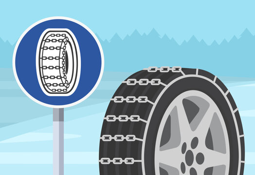 Close-up of a "mandatory usage of snow chains" sign and perspective view of a snow chain tire. Winter season country frozen road. Flat vector illustration template.