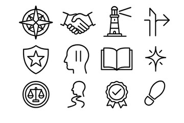 Ethical Icons Arrangement. Ethical Direction Set linear set: compass rose, honest handshake, guiding light beam, decision arrow, virtue emblem, mindful pause icon, open book of