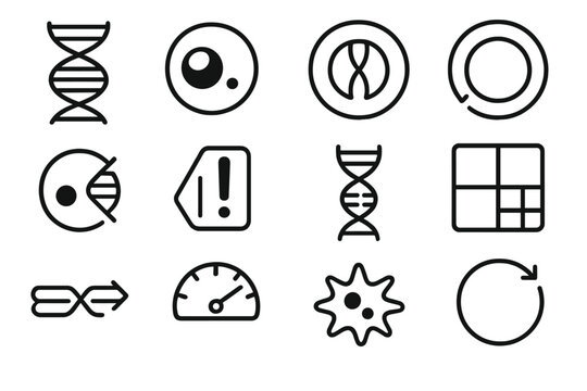 Genomic Stability Icons. Genomic Stability Systems linear set: DNA helix tile, cell nucleus node, mitosis bar, interphase ring, replication cue dot, checkpoint patch, repair stripe