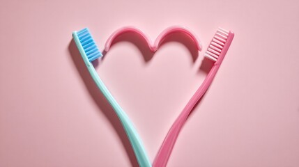 Two toothbrushes forming heart shape on pink background, dental love concept
