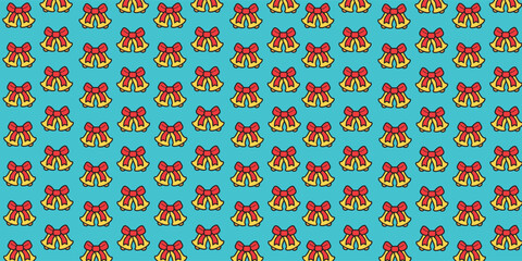 Festive Christmas bell seamless pattern with red bow on bright blue background. Trendy holiday repeat design perfect for wrapping paper, textile, wallpaper, branding, greeting card and seasonal decor.