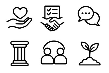 Symbols of Collaboration. Collaborative Workplace Care linear set: empathy hand, shared task sheet, open dialogue bubble, stability pillar, teamwork arc, growth sprout.