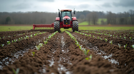 Obraz premium Farm tractor works in field to prepare soil and support growth of young plants during cloudy weather