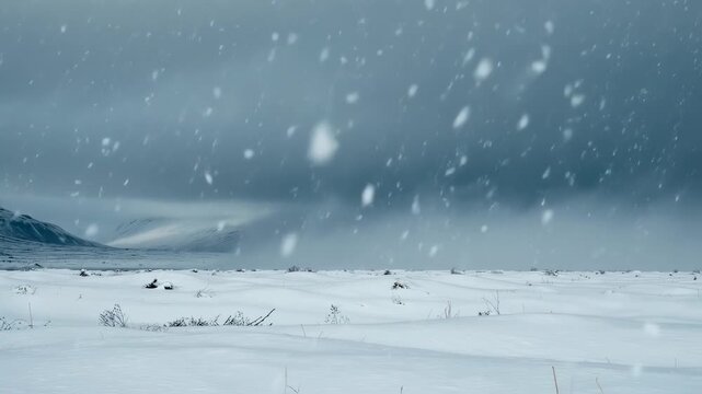 A snowy landscape features falling flakes, snowy field, hills and a dramatic overcast sky