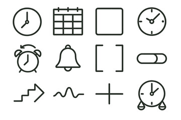 Time Management Icons. Time Awareness Basics linear set: clock face, shifting schedule grid, time-block box, priority hour marker, flexible alarm icon, gentle reminder bell, focus
