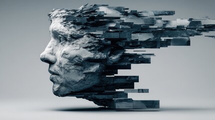 Human Head Dissolving into Floating Data Fragments