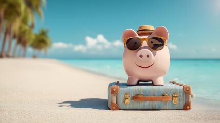 Piggy bank on tropical beach with suitcase, wearing sunglasses and hat under sunlight