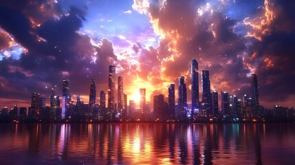 Colorful sunset over a city skyline with reflections in the water