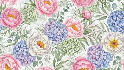 Detailed floral pattern featuring watercolor peonies and hydrangeas in shades of pink, white, and blue against a soft, textured white background, creating a visually appealing