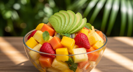 Vibrant fruit salad in glass bowl