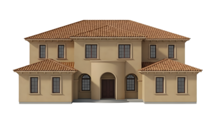 Large beige house with brown roof and brown door isolated on a transparent background