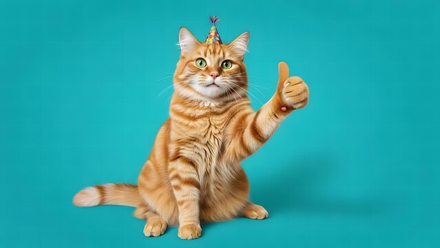A cheerful ginger cat wearing a colorful party hat gives a thumbs up against a vibrant teal background.