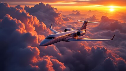 Luxury private jet soaring above glowing clouds during a dramatic sunset. Cinematic aviation scene symbolizing freedom, travel, success, and premium air transportation