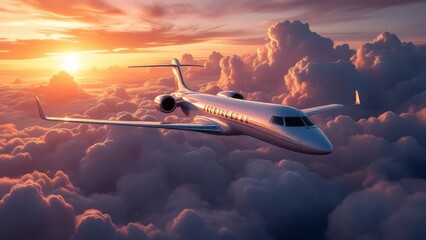 Luxury private jet soaring above glowing clouds during a dramatic sunset. Cinematic aviation scene symbolizing freedom, travel, success, and premium air transportation