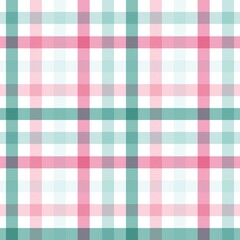 Seamless plaid pattern in pink, teal, light blue, and white.