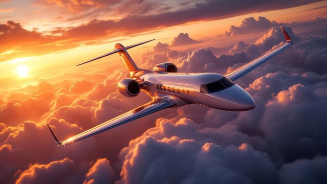 Luxury private jet soaring above glowing clouds during a dramatic sunset. Cinematic aviation scene symbolizing freedom, travel, success, and premium air transportation - Powered by Adobe