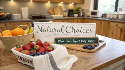 Healthy kitchen counter with fresh natural fruits and a motivational sign.
