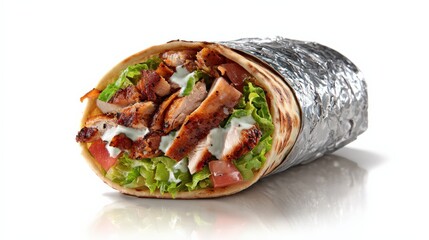 Chicken Shawarma Wrap Standing Upright with Foil on White Background
