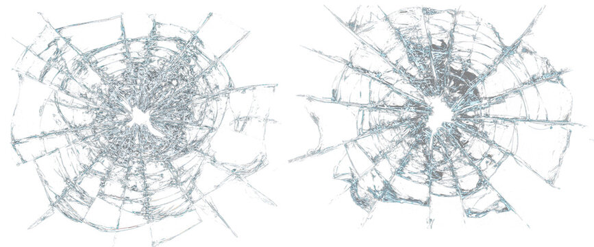 Shattered glass bullet hole impact isolated on black background. Broken window crack pattern, realistic smashed glass effect overlay for damage and danger concepts