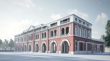 Fototapeta premium Architectural Rendering: Grand Red Brick Building Design