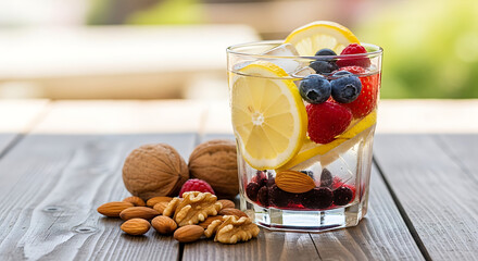 Vibrant fruit-infused water with nuts