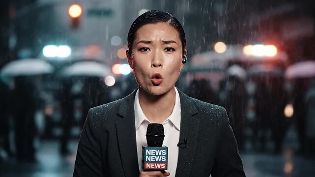 Female News Reporter Delivering Breaking News in Heavy Rain