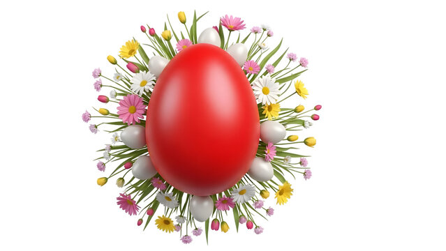 Large Red Easter Egg Surrounded by Colorful Flowers and Small White Eggs isolated on a transparent background - Powered by Adobe