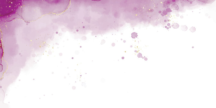 Abstract purple watercolor background with gold glitter accents and ample copy space