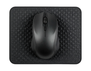 Black wireless computer mouse on a textured black rectangular mousepad