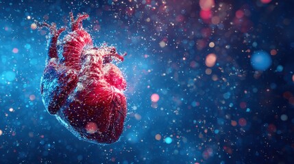 Heart Model Made of Red Pixels Floating in Blue Space with Bokeh Lights Medical Concept