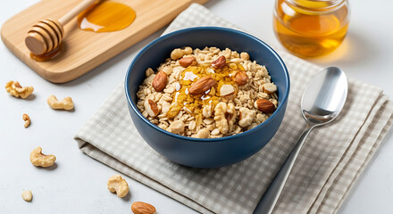 Healthy breakfast bowl with honey and nuts
