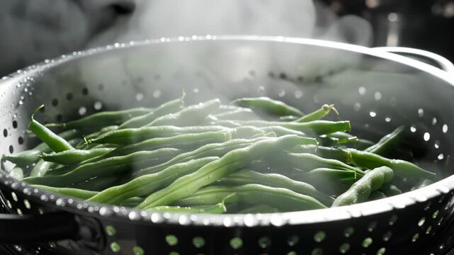 Fresh Green Beans Steaming In A Metal Colander Cooking Process