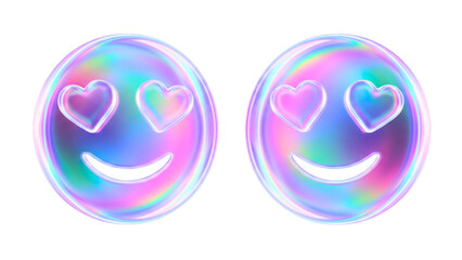 3D iridescent holographic glass  face emoji icon set with transparent PNG background 16:9 illustration