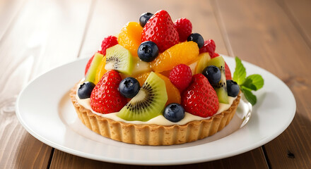 Vibrant fruit tart on white plate