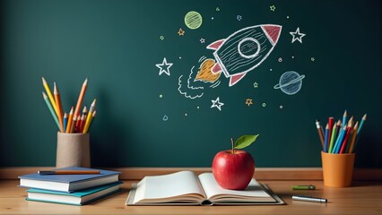 Creative classroom setup with chalkboard rocket, books, apple, and colorful pencils for educational inspiration.