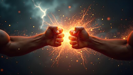 Two muscular fists collide with explosive energy, symbolizing power, conflict, and determination. Dynamic lighting and sparks create intense visual impact.