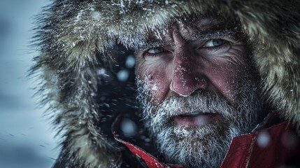 Portrait of a rugged explorer in a snowstorm with icy facial hair and intense gaze