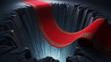 An elegant red carpet stretches precariously over a deep, dark chasm, symbolizing a challenging path to opportunity