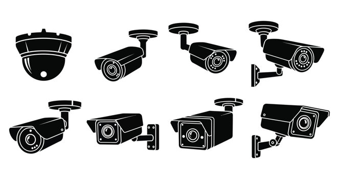 Diverse security camera designs illustrated in a black and white graphic style