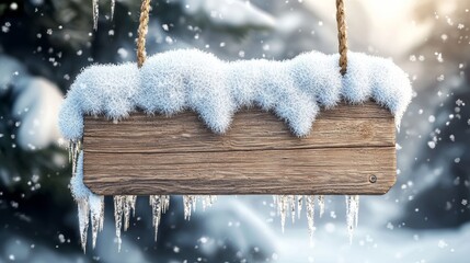 Beautiful wooden sign covered in snow hanging in a winter wonderland scene