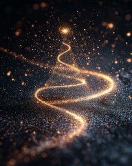 Sparkling golden tree shape formed by light trails against a dark background creating a magical atmosphere