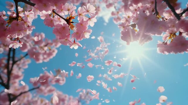 Cherry Blossoms Falling from Trees on a Sunny Day with Blue Sky