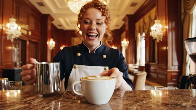 Joyful redhead barista proudly presents her finished latte art on a cappuccino in an elegant, upscale hotel cafe
