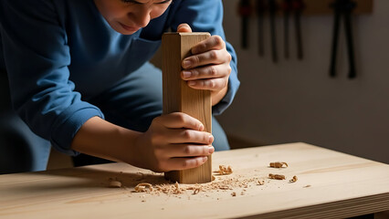 Focused artisan meticulously planes wooden block, generating fine wood shavings on workbench during woodworking project