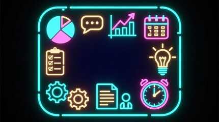 Management, target, performance, marketing, chart, graph, and analysis are vital for business success. This vibrant neon frame showcases essential planning, strategy, and data for innovation.