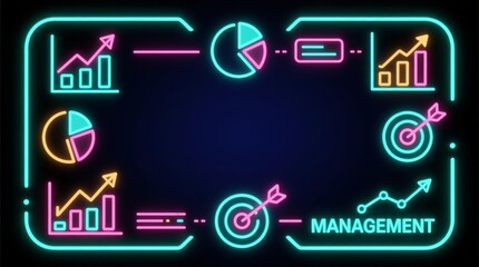 Management, target, performance, marketing, chart, graph, and analysis are vital for business success. This vibrant neon infographic visualizes strategic planning, data insights, and goal achievement 